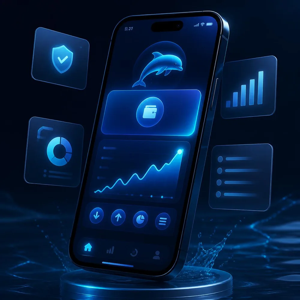 Dolphin Dive earning app by Ahmi Network showing wallet balance and daily income growth