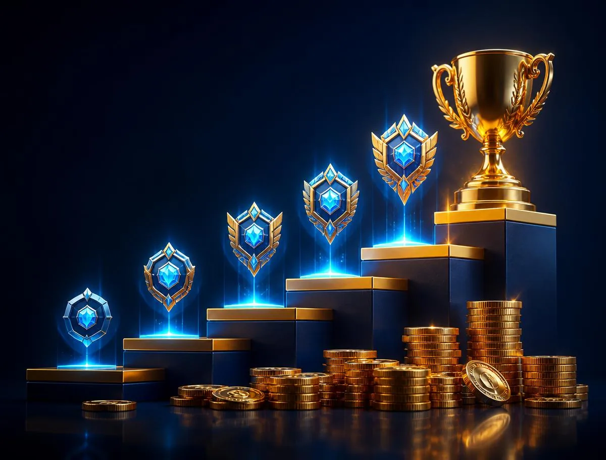 Ranks and rewards trophy with gold coins representing Ahmi Network direct sales rewards